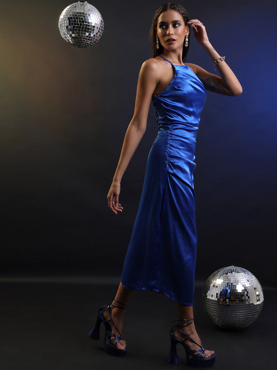 Shoulder Straps Gathered Ruched Sheath Midi Party Dress