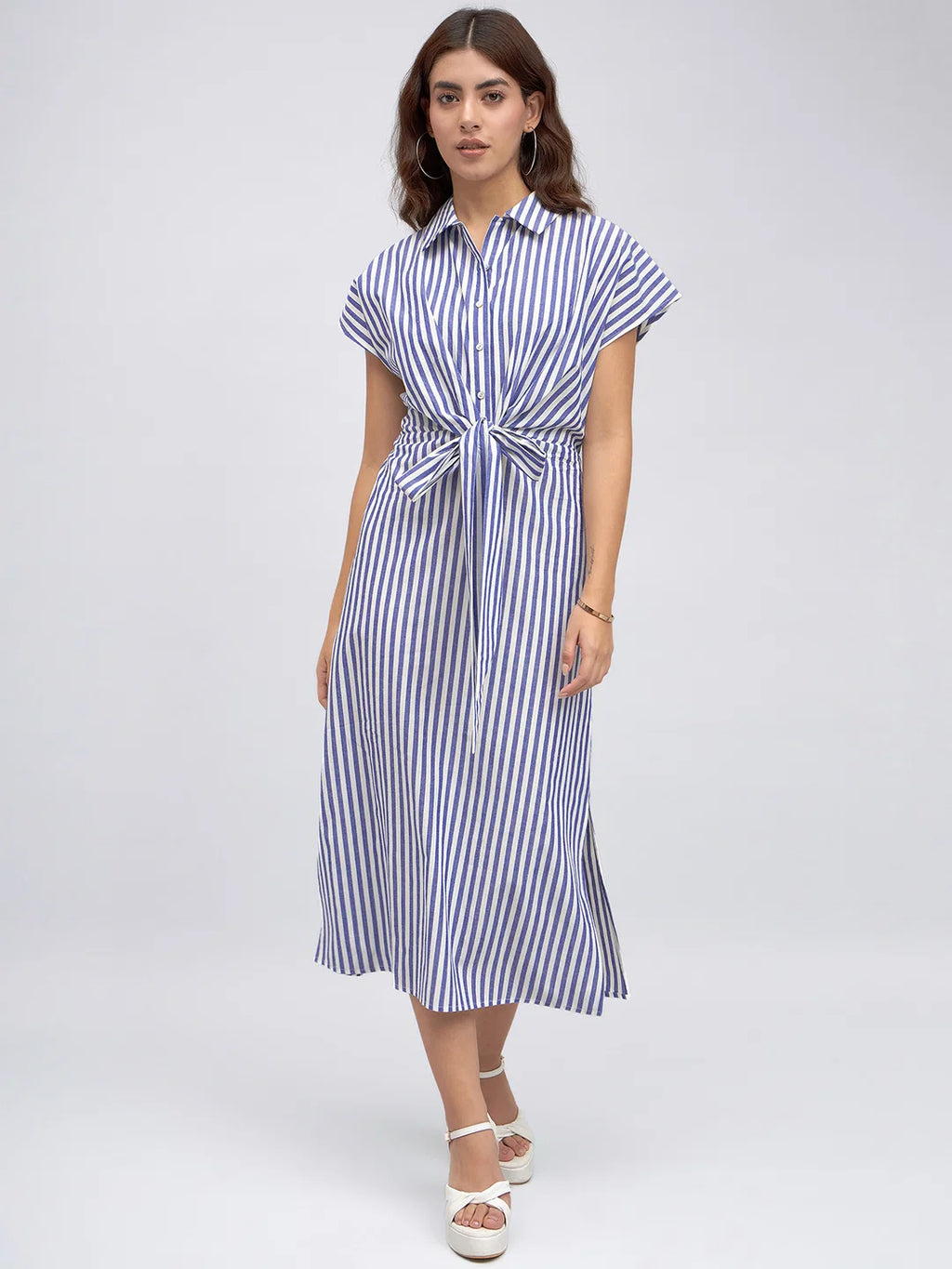 Shirt Collar Regular Fit Striped Blue Tie-Up Midi Dress