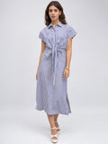 Shirt Collar Regular Fit Striped Blue Tie-Up Midi Dress