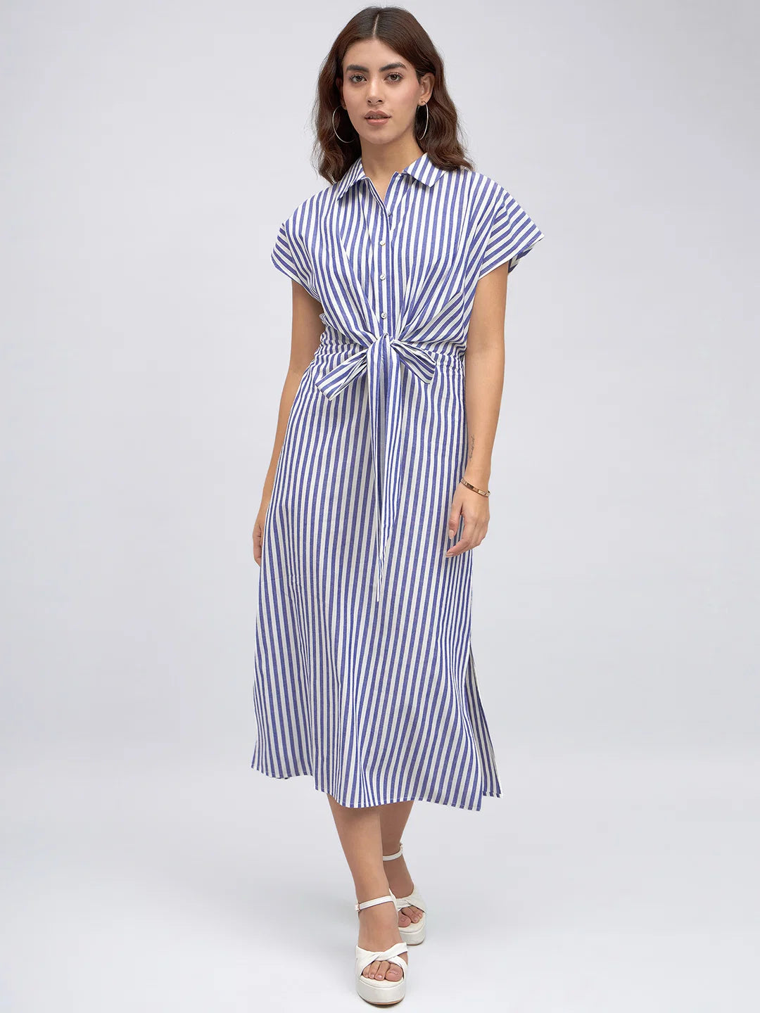 Shirt Collar Regular Fit Striped Blue Tie-Up Midi Dress