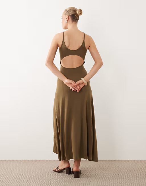 Modal cut out back maxi dress in Khaki