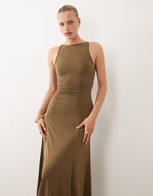 Modal cut out back maxi dress in Khaki