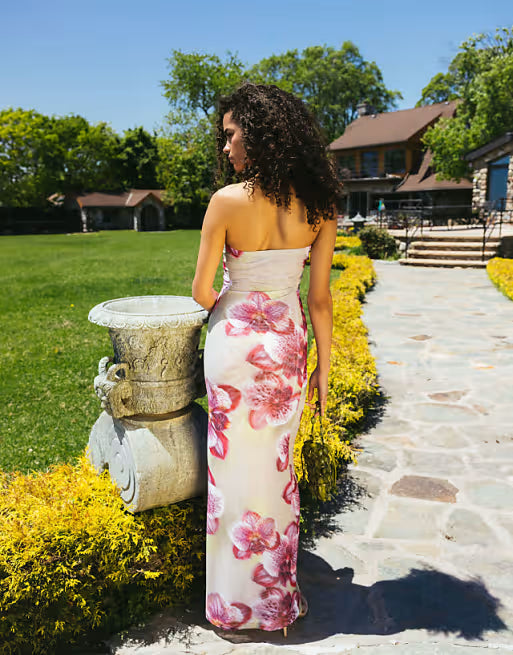 Sheer mesh bandeau maxi dress in green floral