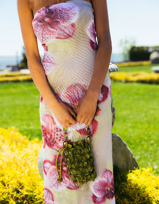 Sheer mesh bandeau maxi dress in green floral