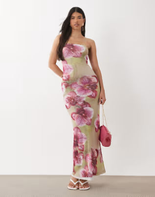 Sheer mesh bandeau maxi dress in green floral