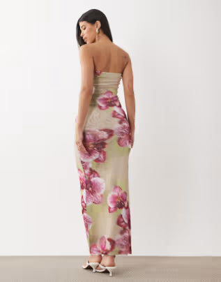 Sheer mesh bandeau maxi dress in green floral
