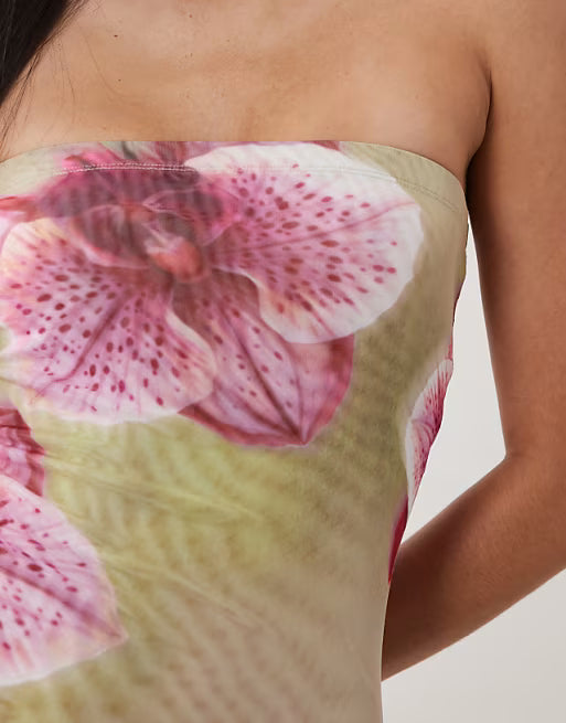 Sheer mesh bandeau maxi dress in green floral