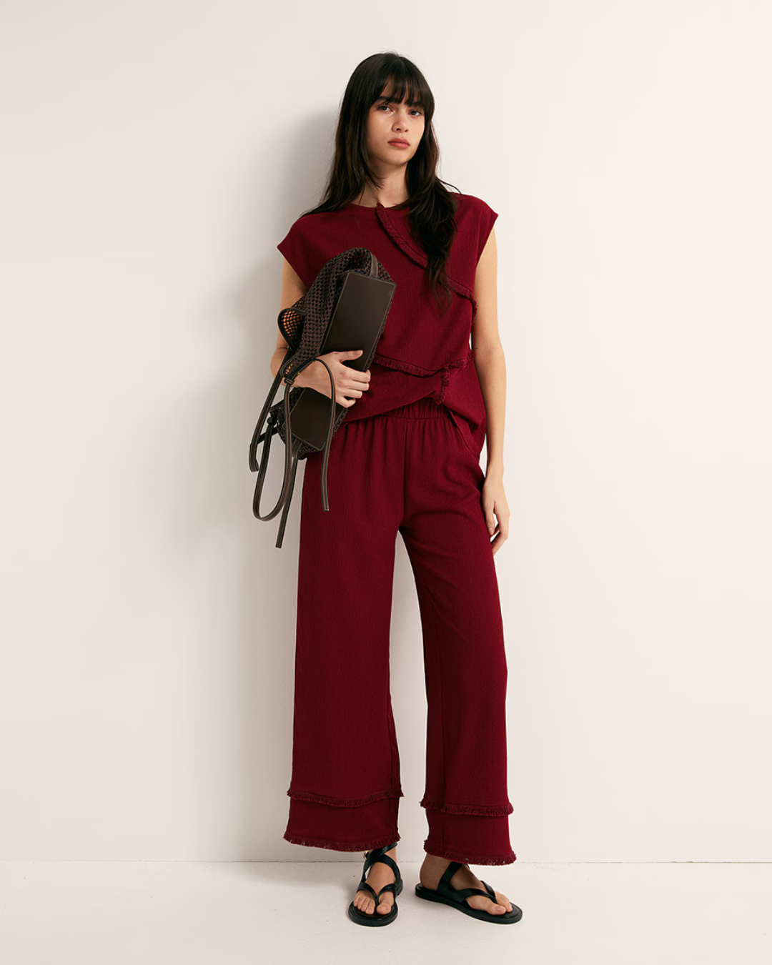 Fringe Textured Co-ord Set - Bordeaux