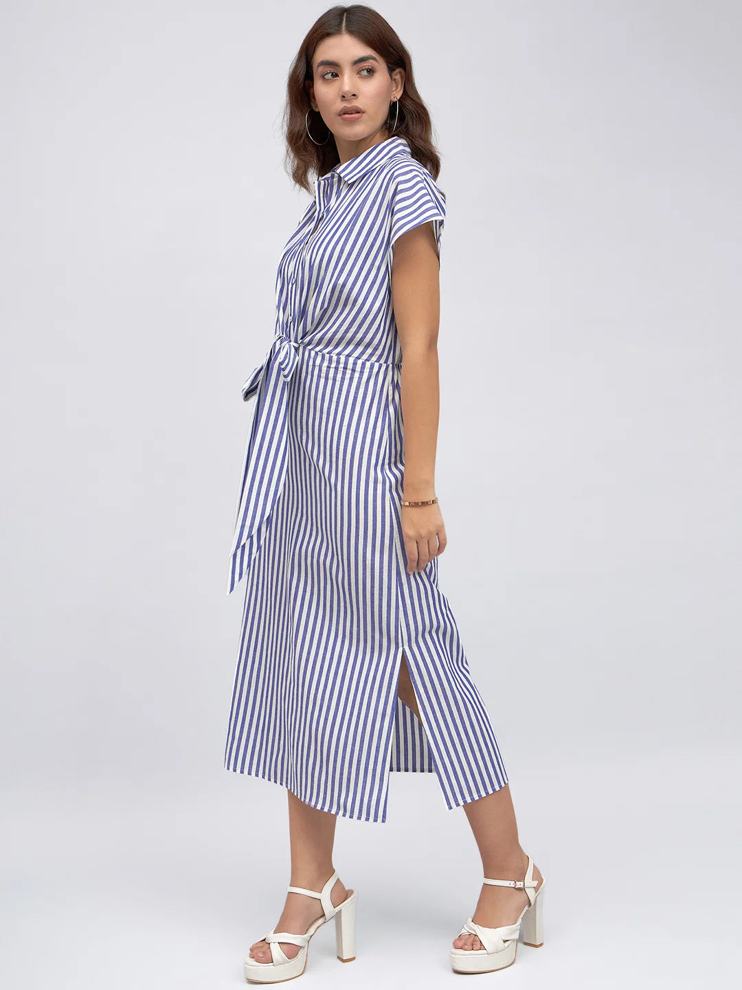 Shirt Collar Regular Fit Striped Blue Tie-Up Midi Dress
