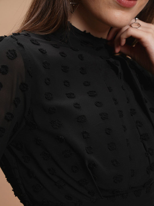Black Self Design High Neck Peplum Top