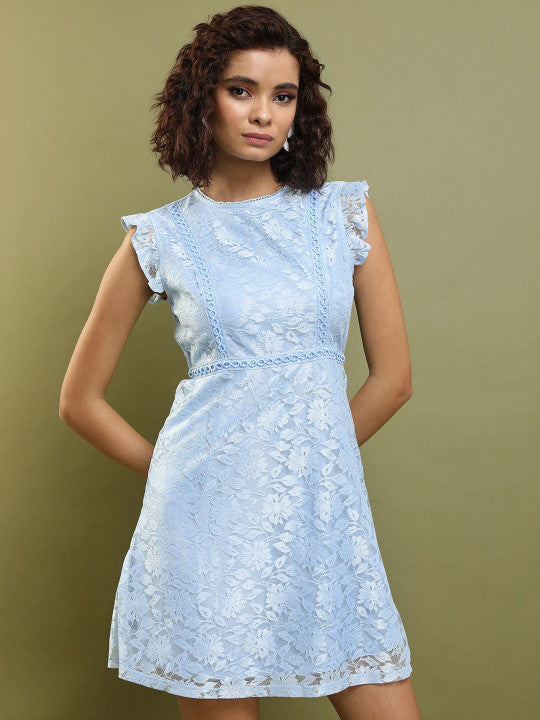 Floral Self Design Flutter Sleeves Lace Inserts A-Line Dress