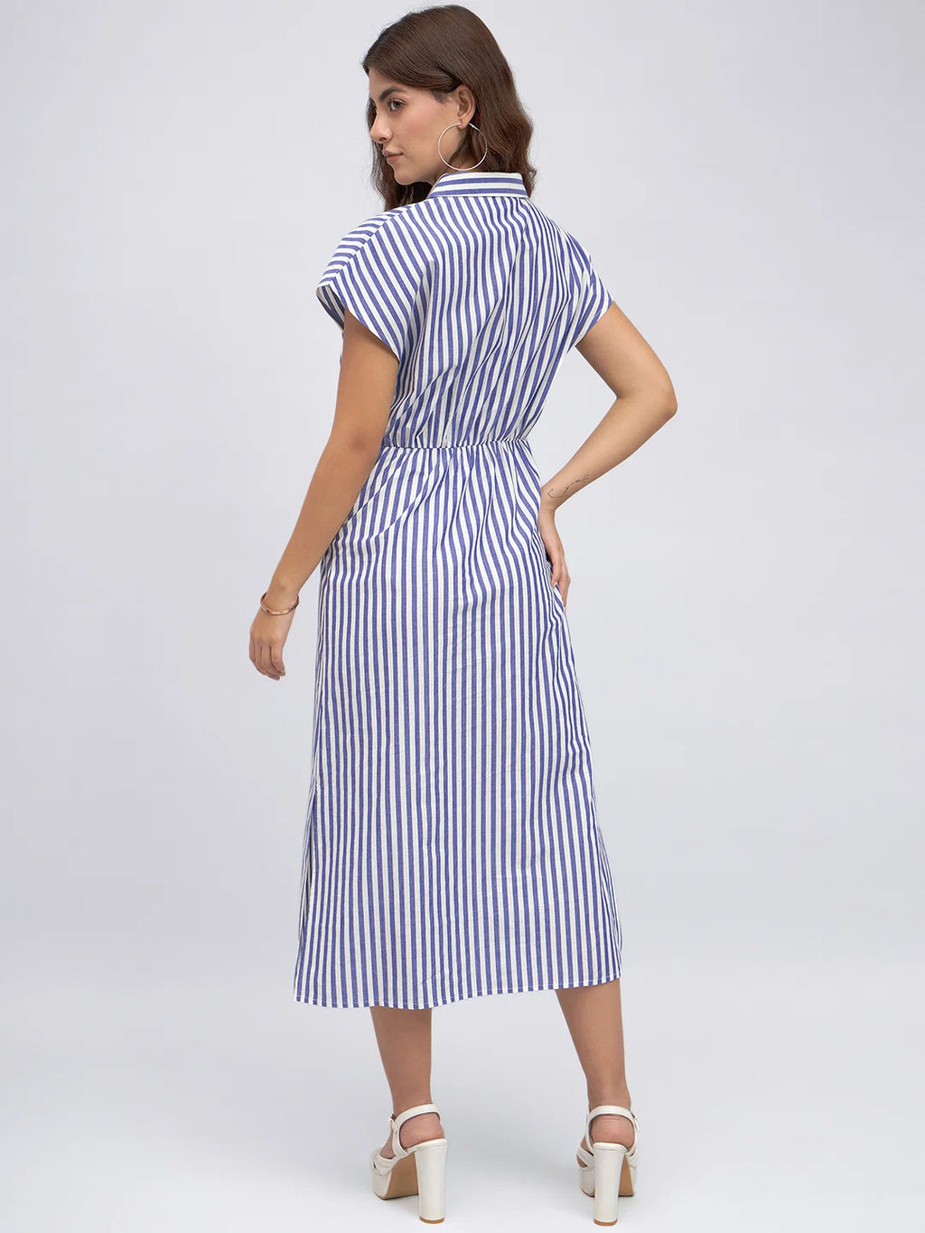 Shirt Collar Regular Fit Striped Blue Tie-Up Midi Dress