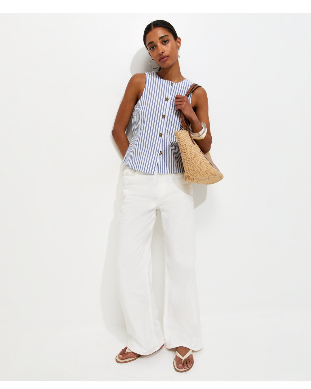 Blue Cotton Stripe Button Shell Waistcoat