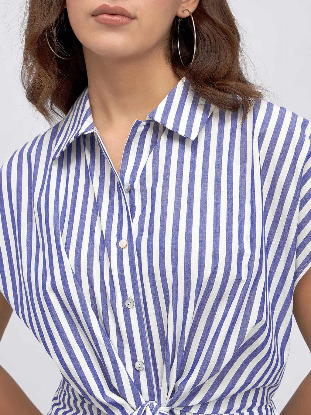 Shirt Collar Regular Fit Striped Blue Tie-Up Midi Dress