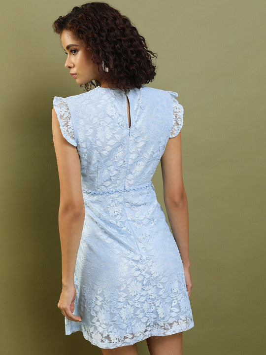 Floral Self Design Flutter Sleeves Lace Inserts A-Line Dress