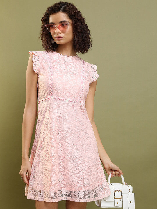 Floral Self Design Flutter Sleeves Lace Inserts A-Line Dress