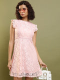 Floral Self Design Flutter Sleeves Lace Inserts A-Line Dress