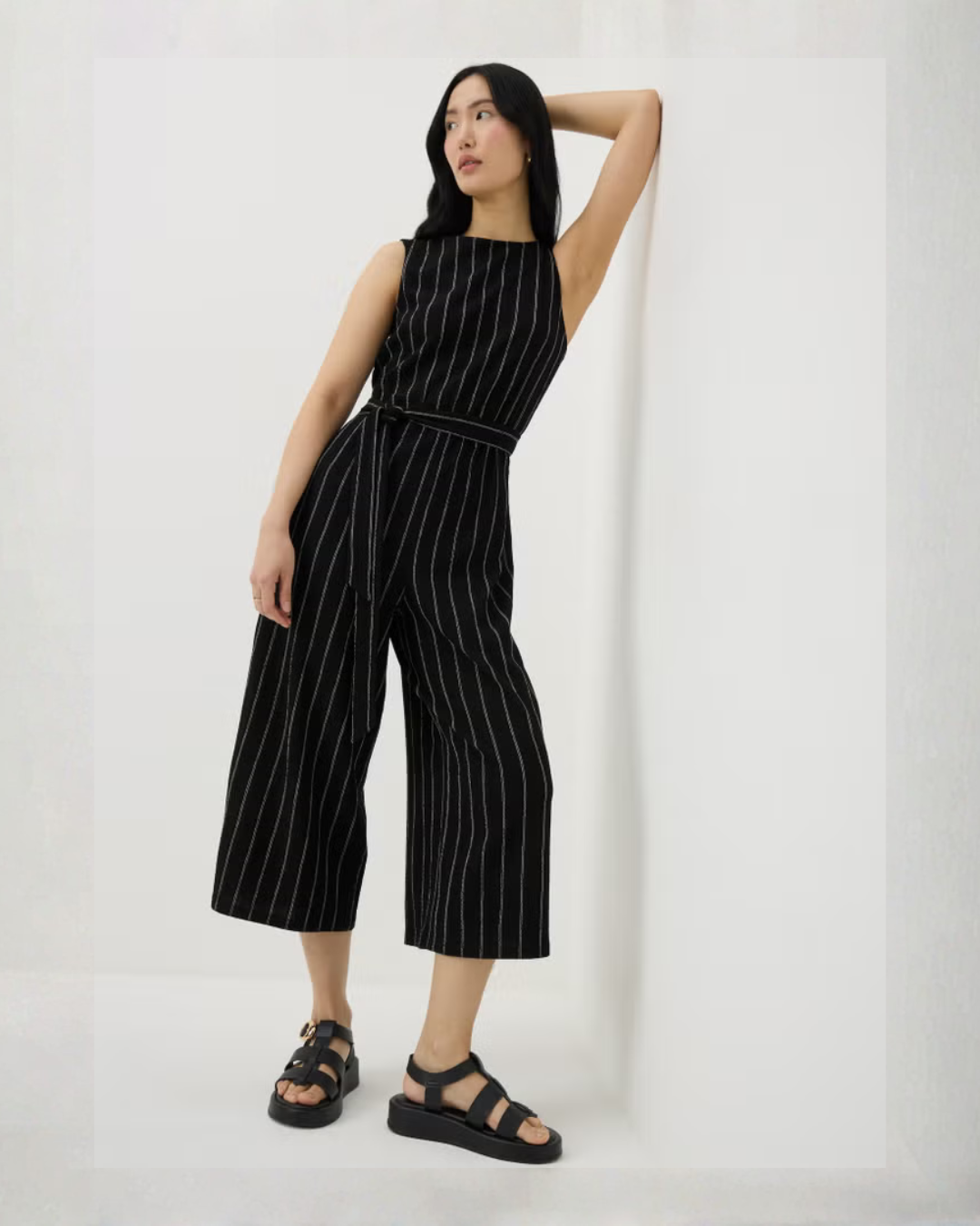 Black Stripe Belted Culotte Jumpsuit