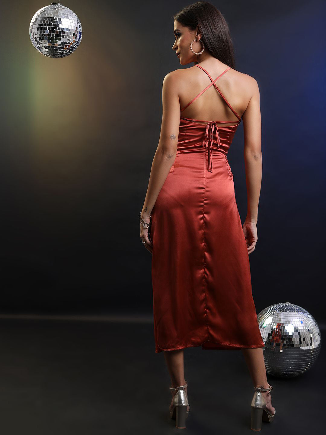 Shoulder Straps Gathered Ruched Sheath Midi Party Dress