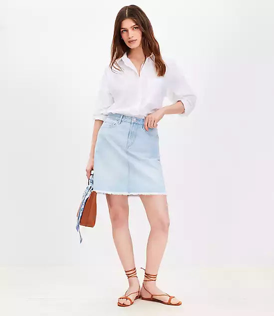 Frayed Denim Mini Skirt in Light Wash Indigo