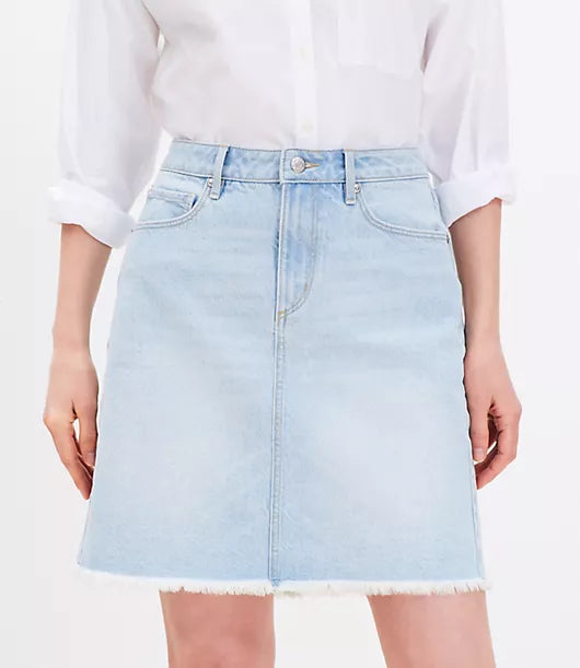 Frayed Denim Mini Skirt in Light Wash Indigo