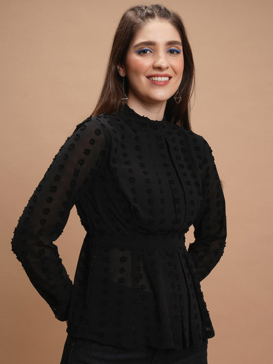 Black Self Design High Neck Peplum Top