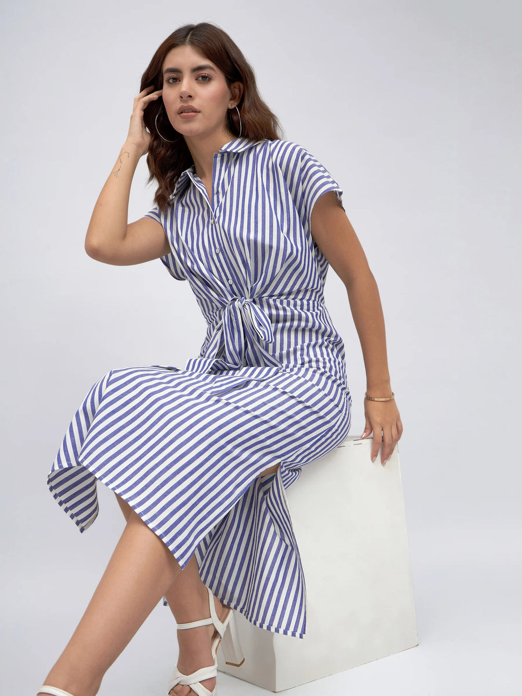 Shirt Collar Regular Fit Striped Blue Tie-Up Midi Dress