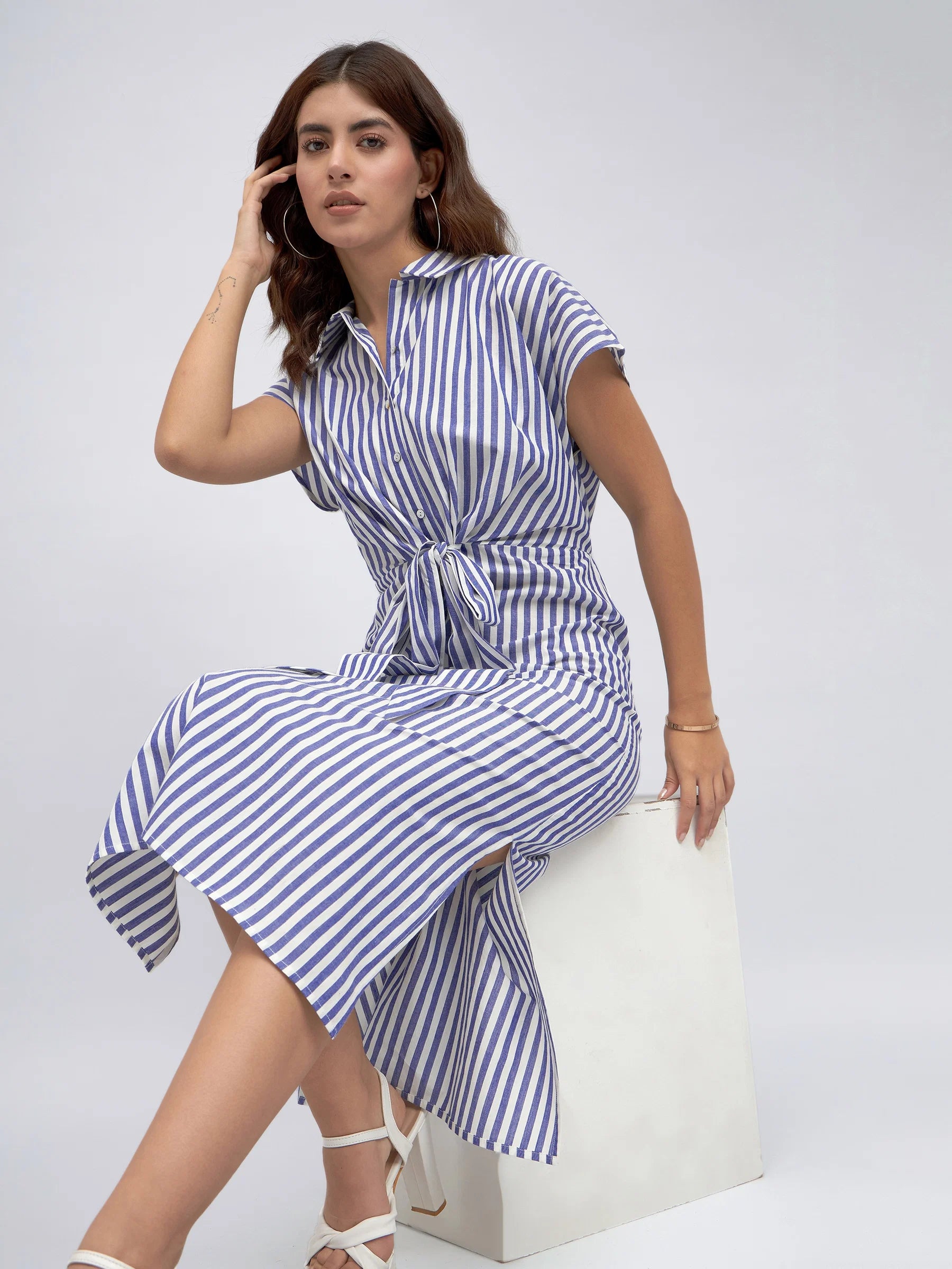 Shirt Collar Regular Fit Striped Blue Tie-Up Midi Dress