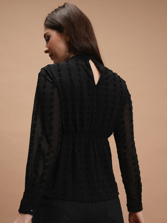 Black Self Design High Neck Peplum Top
