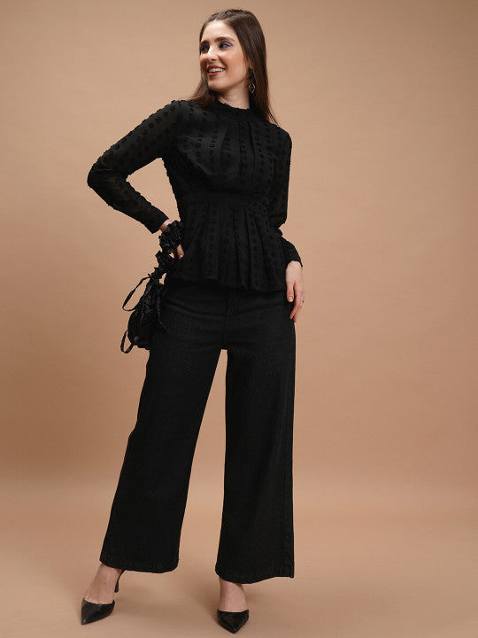 Black Self Design High Neck Peplum Top
