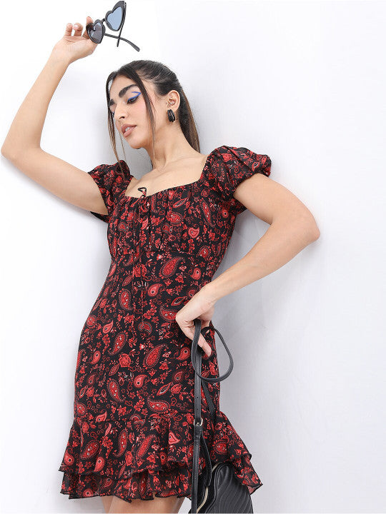 Motifs Printed Tie-Up Neck Dress
