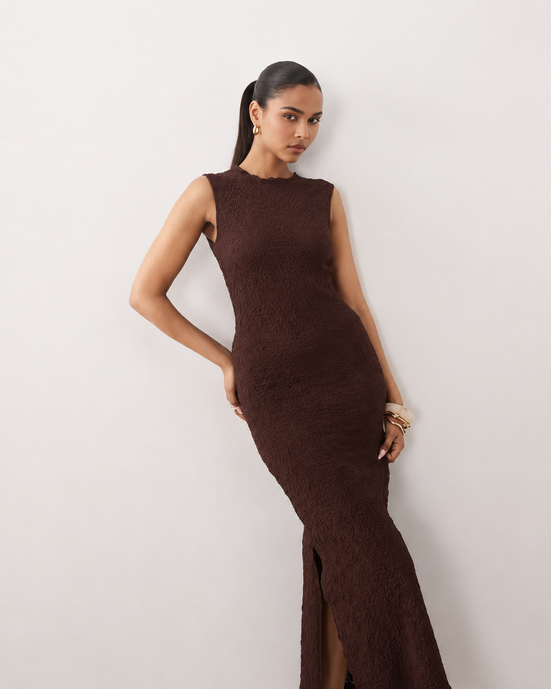 Textured knit midi dress in brown