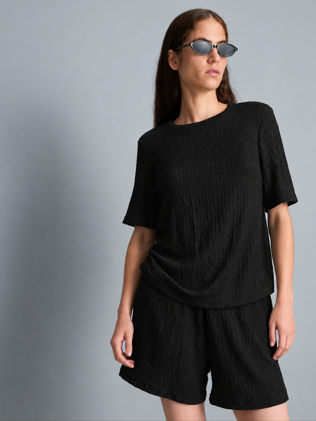 Textured Asymmetric T-Shirt & Short Set Black