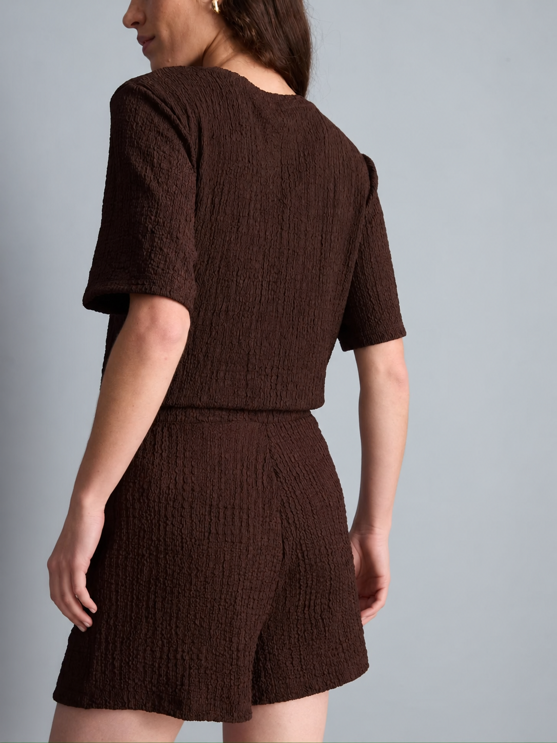 Textured Asymmetric T-Shirt & Short Chocolate Brown