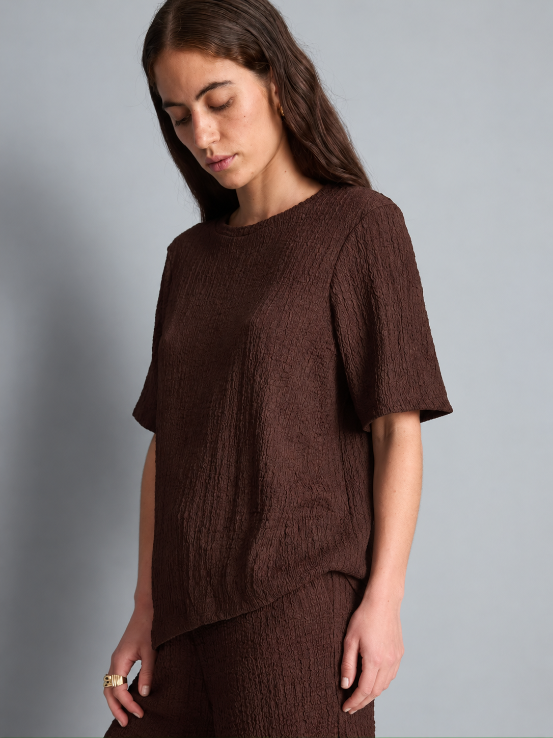 Textured Asymmetric T-Shirt & Short Chocolate Brown