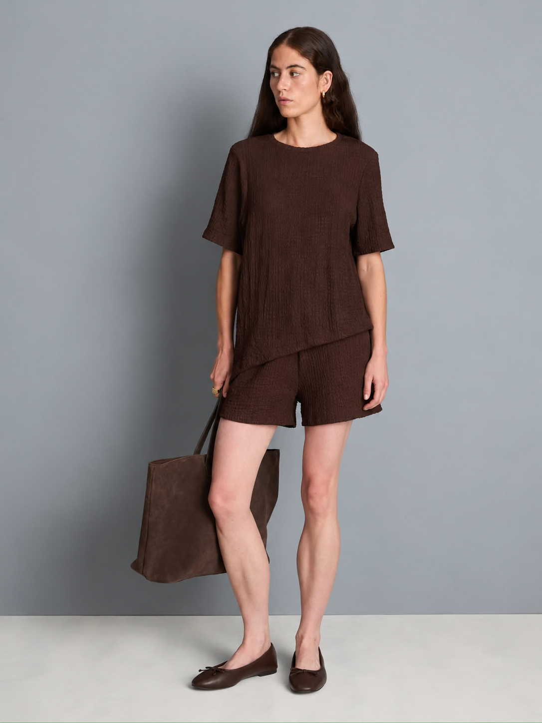 Textured Asymmetric T-Shirt & Short Chocolate Brown