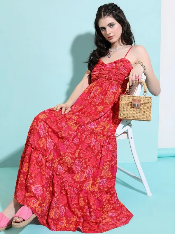 Floral Printed Shoulder Straps Tiered Dress