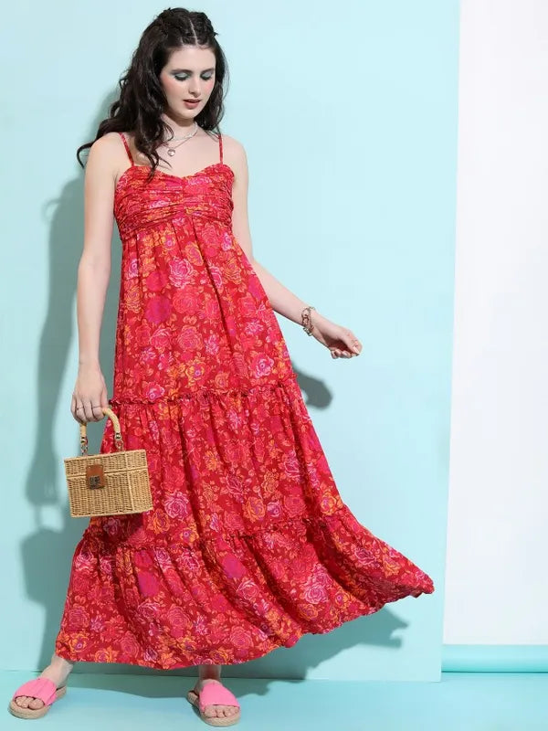 Floral Printed Shoulder Straps Tiered Dress