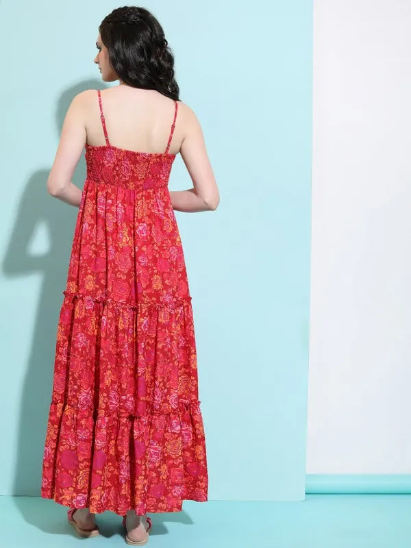 Floral Printed Shoulder Straps Tiered Dress