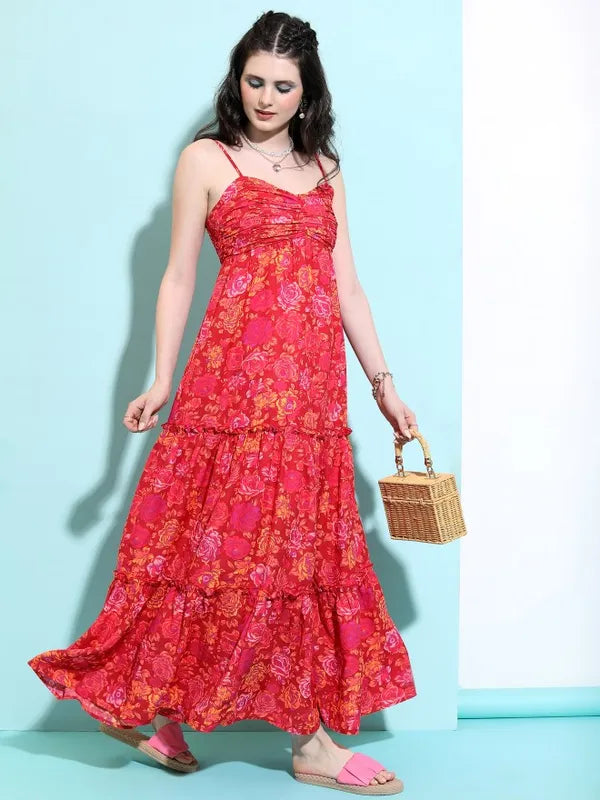 Floral Printed Shoulder Straps Tiered Dress