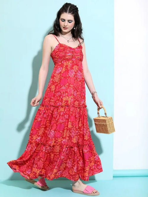 Floral Printed Shoulder Straps Tiered Dress