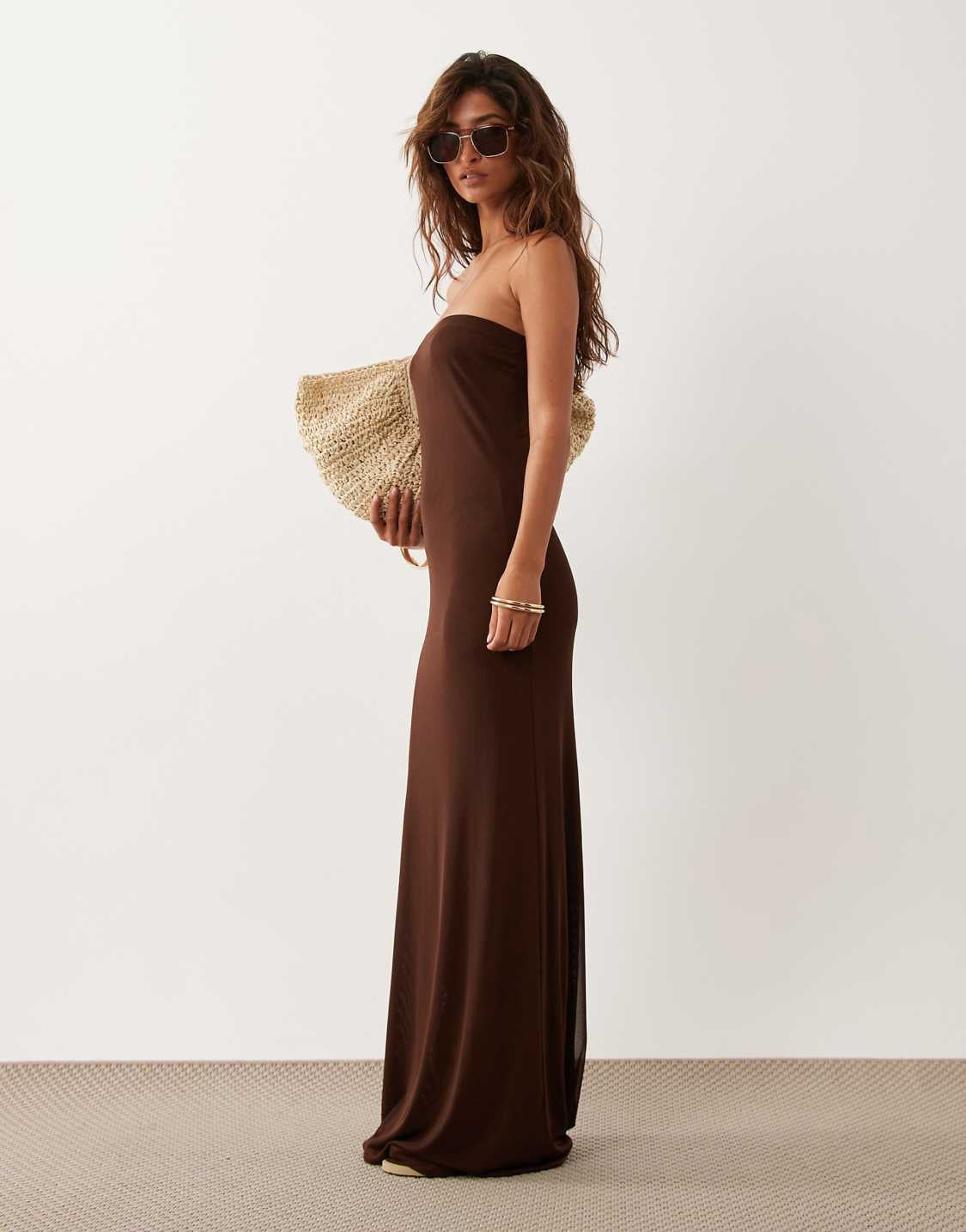 Sheer mesh bandeau maxi dress in chocolate