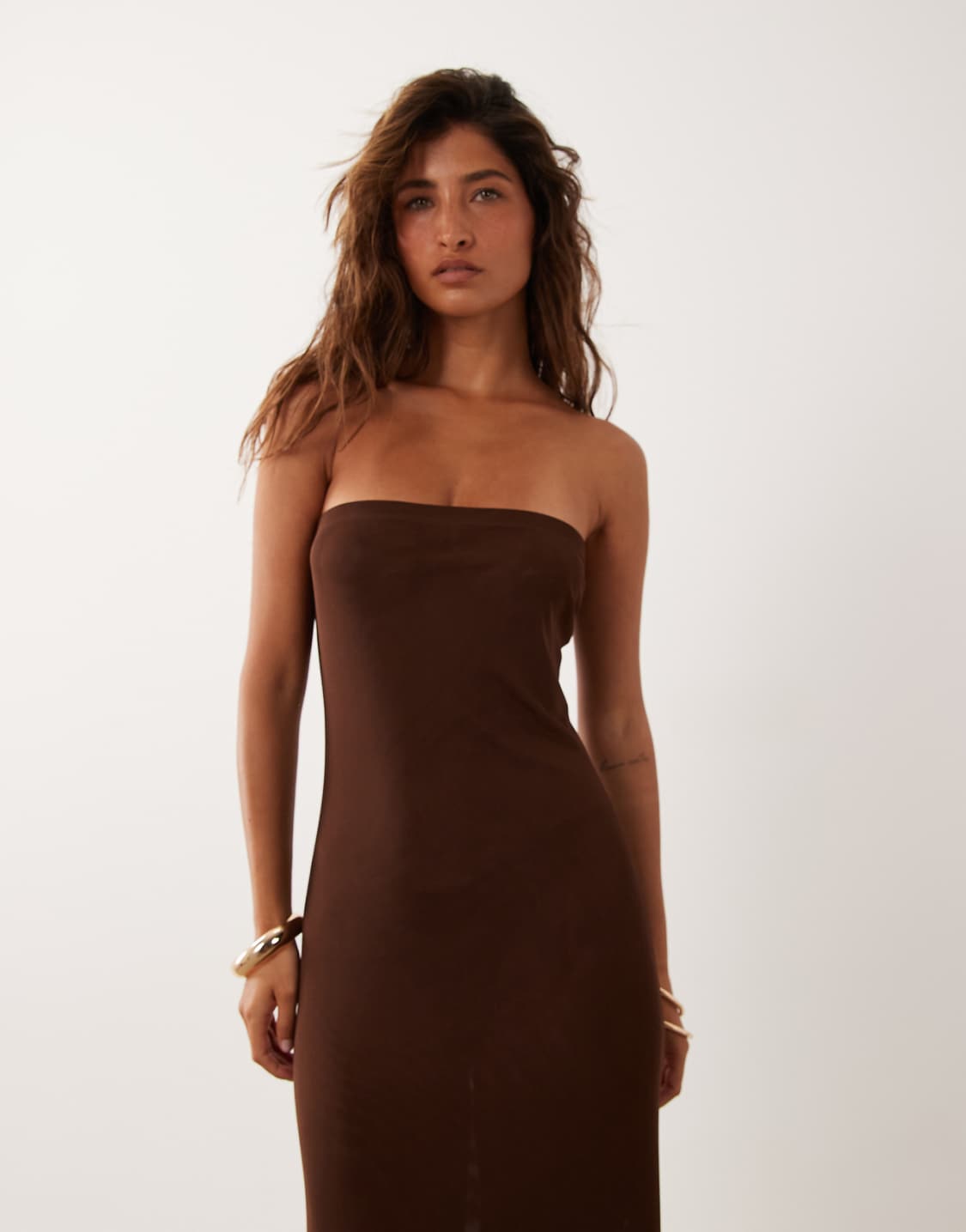 Sheer mesh bandeau maxi dress in chocolate