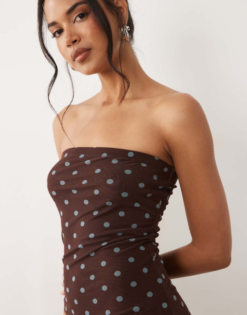 Sheer mesh bandeau maxi dress in brown polka dot print