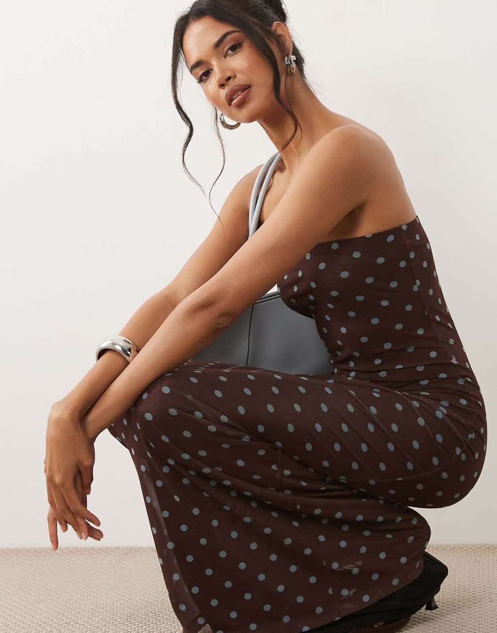 Sheer mesh bandeau maxi dress in brown polka dot print