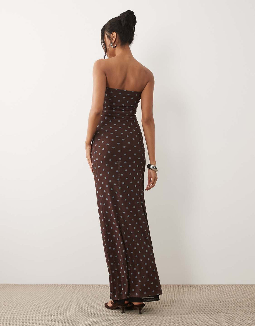 Sheer mesh bandeau maxi dress in brown polka dot print