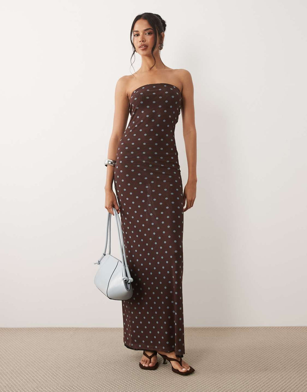 Sheer mesh bandeau maxi dress in brown polka dot print