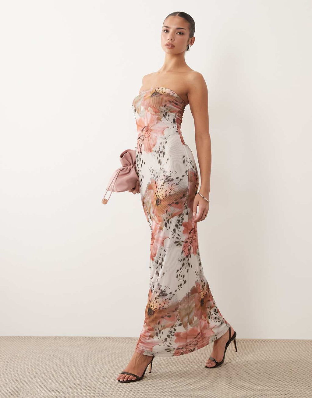Sheer mesh bandeau maxi dress in floral Print