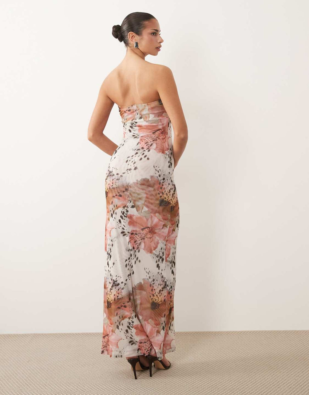 Sheer mesh bandeau maxi dress in floral Print