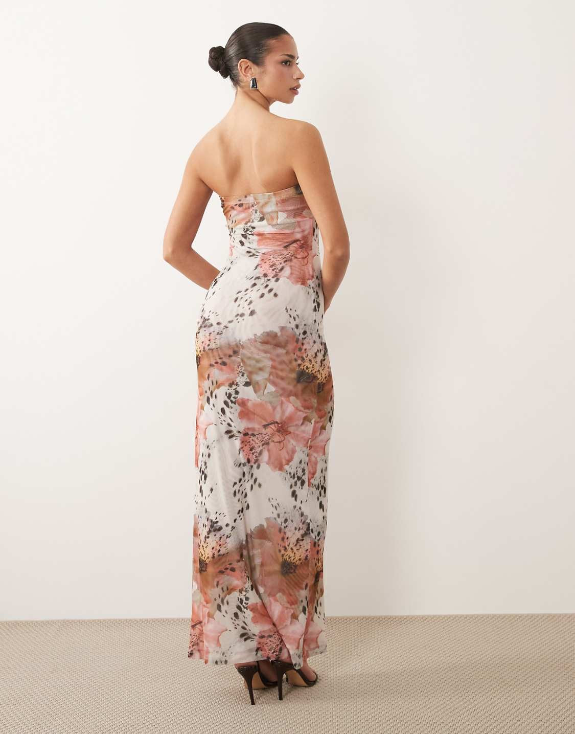 Sheer mesh bandeau maxi dress in floral Print